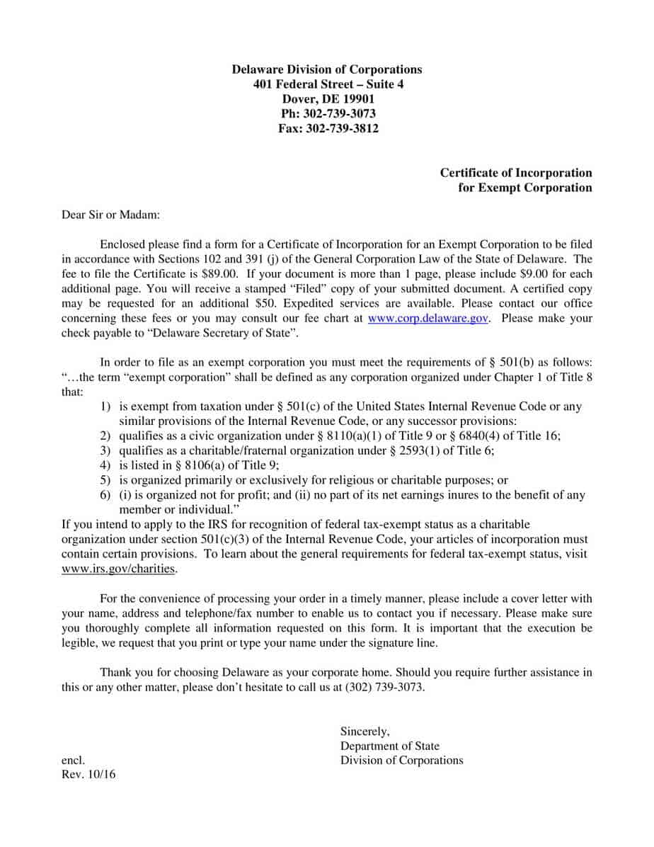 Delaware Certificate of Incorporation for Nonprofit Corporation