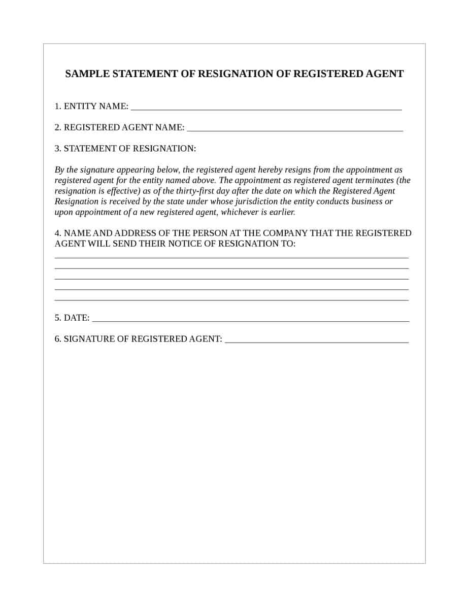 Resignation of Registered Agent - Sample Form