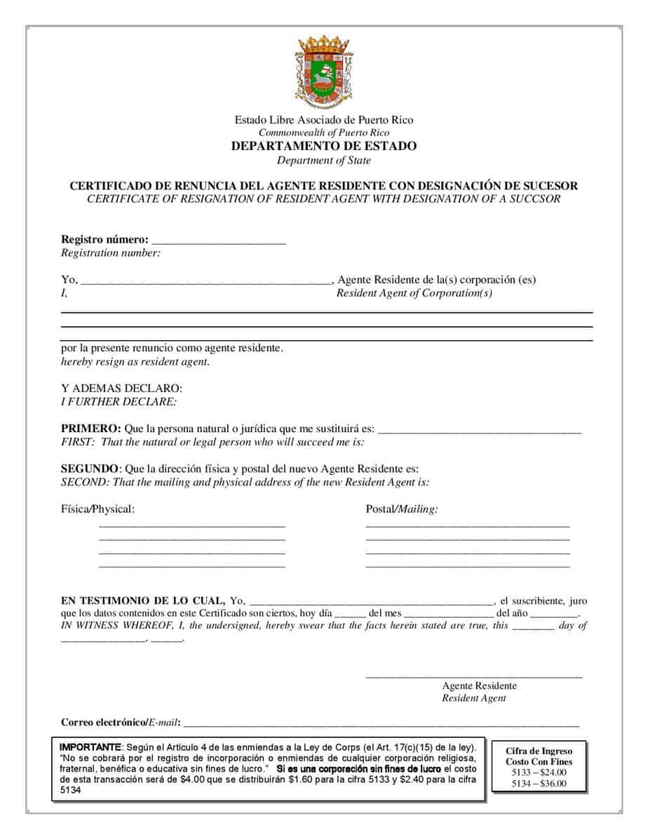 Puerto Rico Registered Agent Resignation