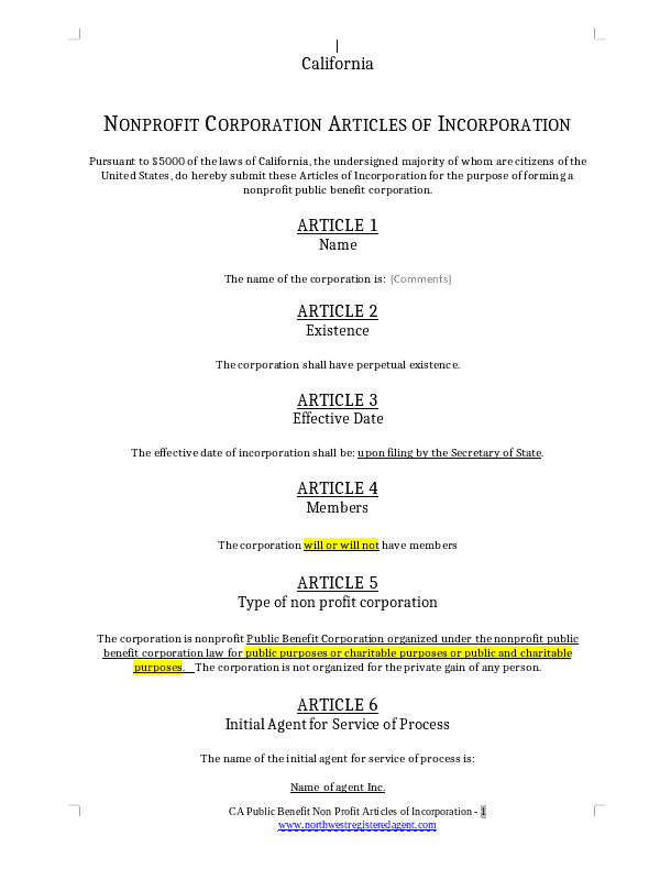 California Nonprofit Articles Of Incorporation Template