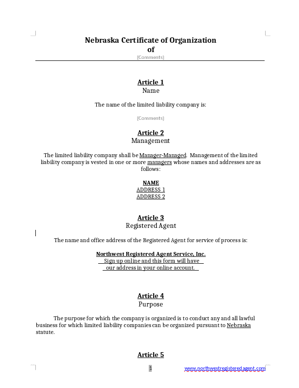 Nebraska Articles of Incorporation