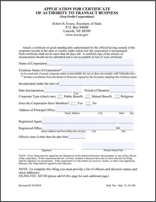 Nebraska Foreign Nonprofit Certificate of Authority