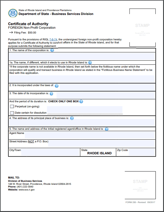 Rhode Island Foreign Nonprofit Certificate of Authority