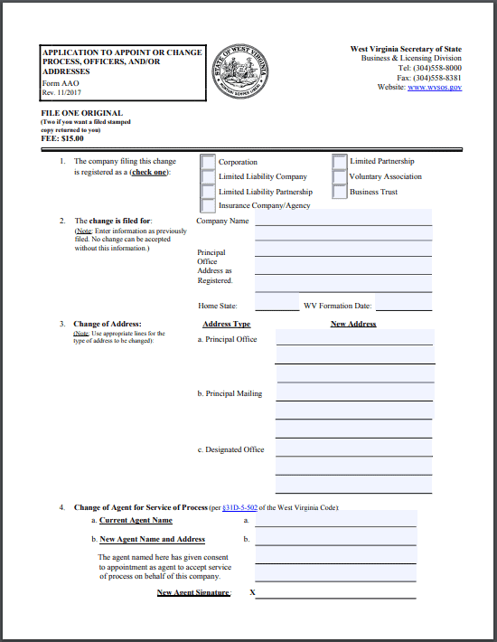 West Virginia Application to Appoint Or Change Process, Officers, and/or Addresses
