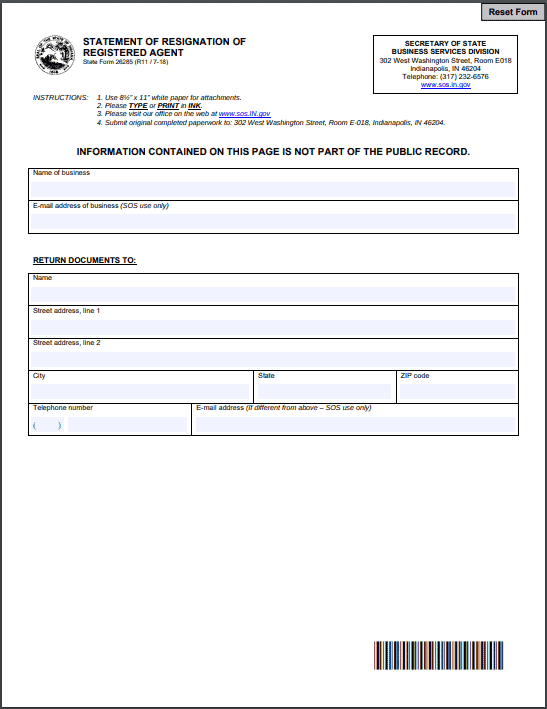 Indiana Statement of Resignation of Registered Agent
