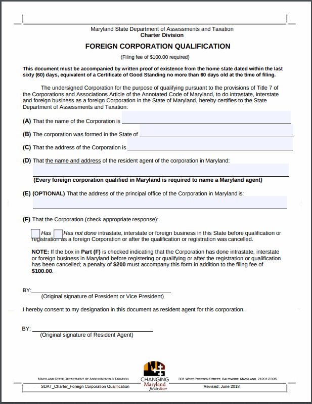 Maryland Foreign Corporation Qualification