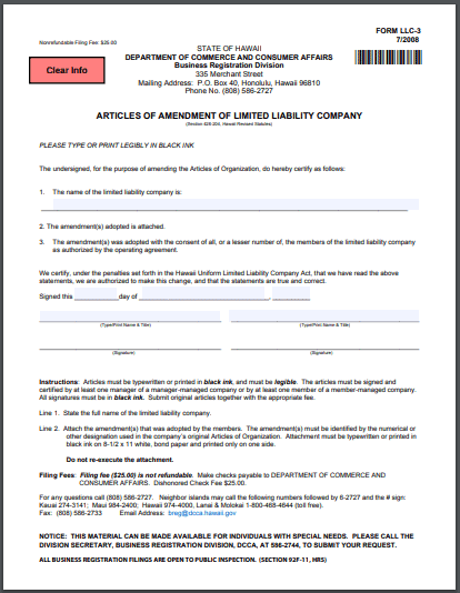 Hawaii LLC Articles of Amendment