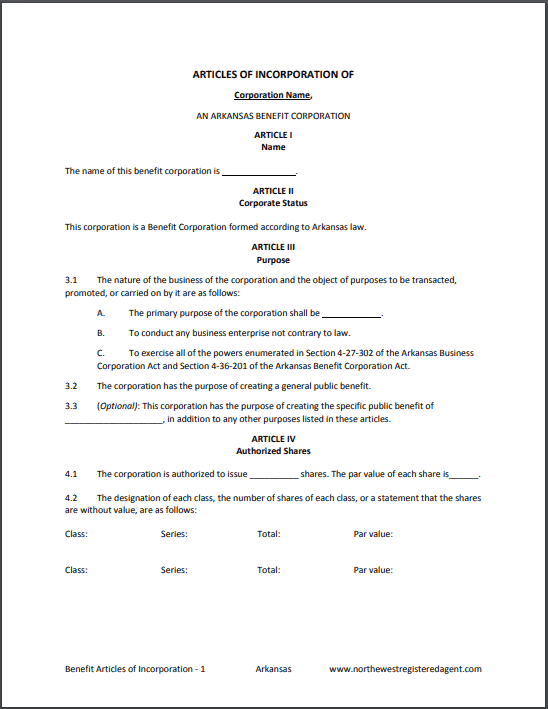 Arkansas Benefit Corporation Articles of Incorporation