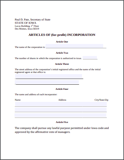 certificate of organization iowa example