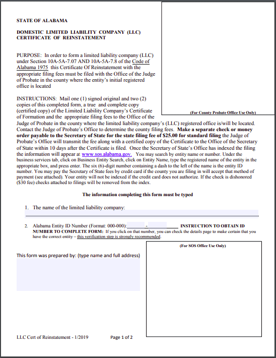 Alabama LLC Reinstatement