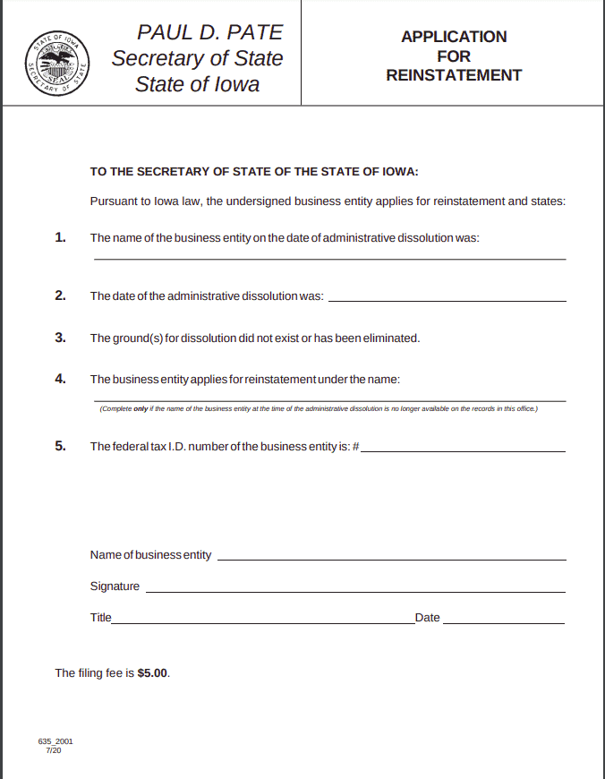 Iowa Domestic LLC Reinstatement Form