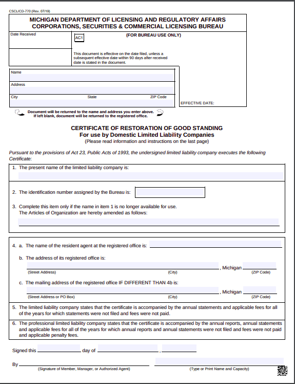 Michigan Domestic LLC Reinstatement