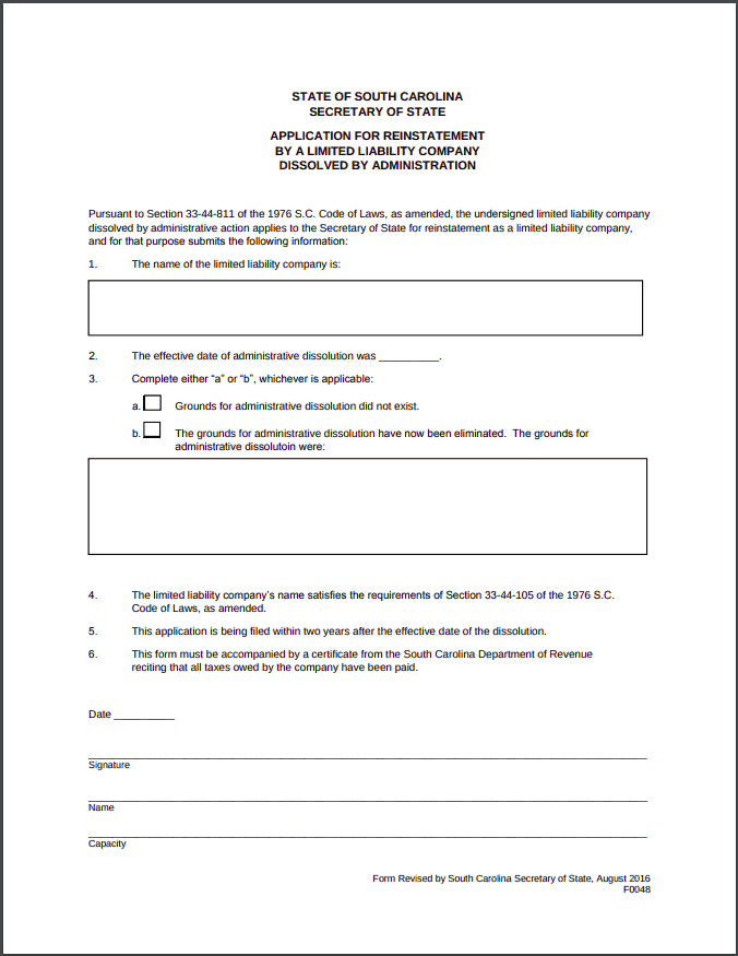 South Carolina Domestic LLC Reinstatement Form