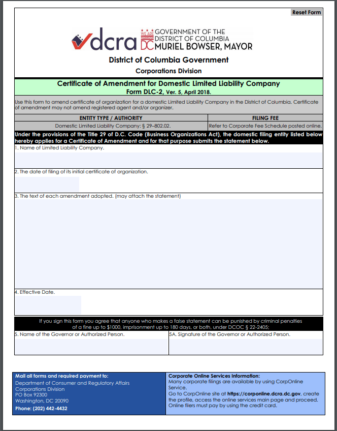 District of Columbia LLC Amendment