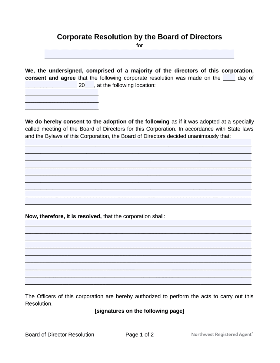 Board Of Directors Resolution Free Template