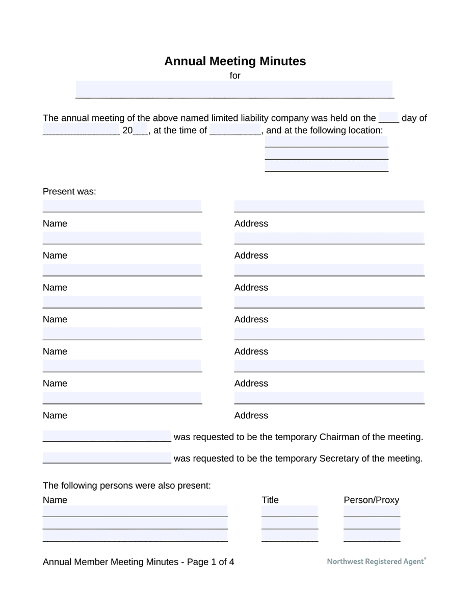 Free LLC Annual Meeting Minutes Northwest Registered Agent
