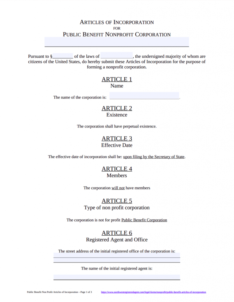 Articles of Incorporation for Nonprofit Public Benefit Corporation - Free Download
