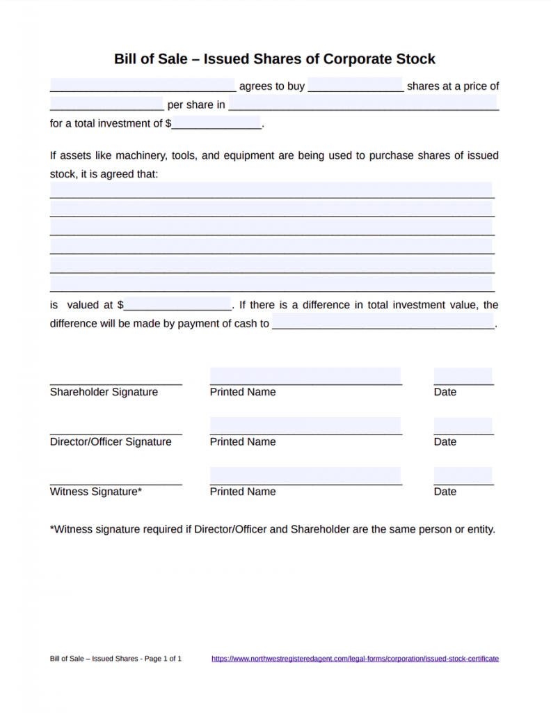 Issued Stock Bill of Sale Template - Free Download