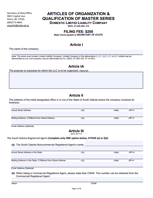 South Dakota Series LLC Articles of Organization