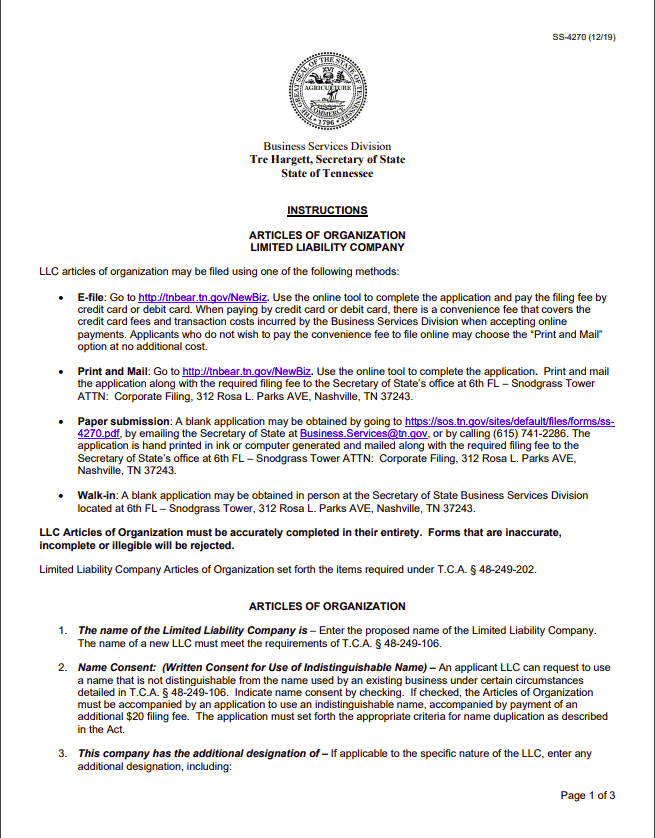TN Articles of Organization