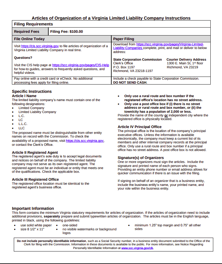 Virginia Series LLC Articles of Organization