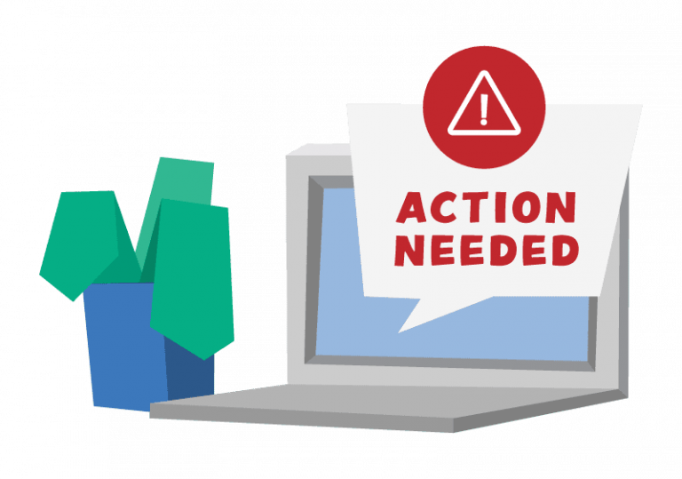 A laptop with a notification bubble containing an an exclamation mark inside a red triangle and the text 