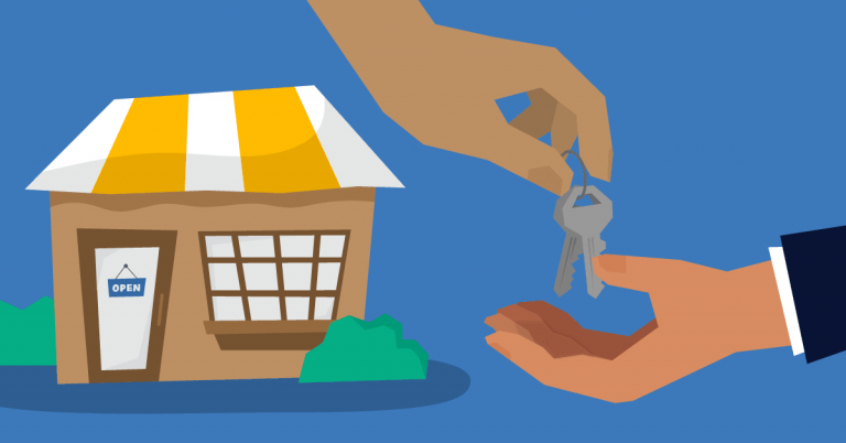 A storefront with a sign on the door and one hand dropping a set of keys into another. 