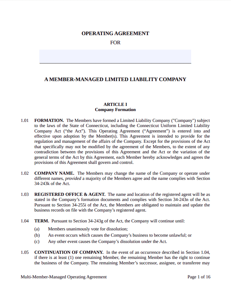 connecticut multi-member llc operating agreement