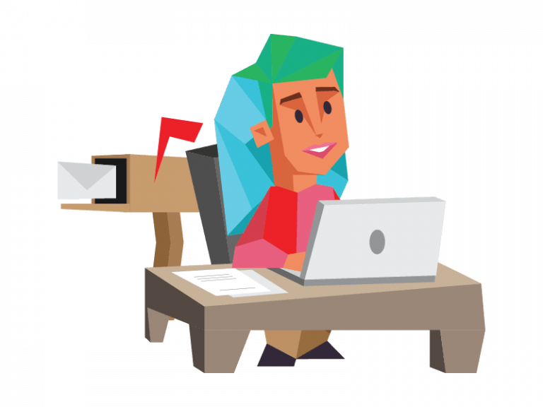 A woman with blue and green hair sitting at an open laptop. 