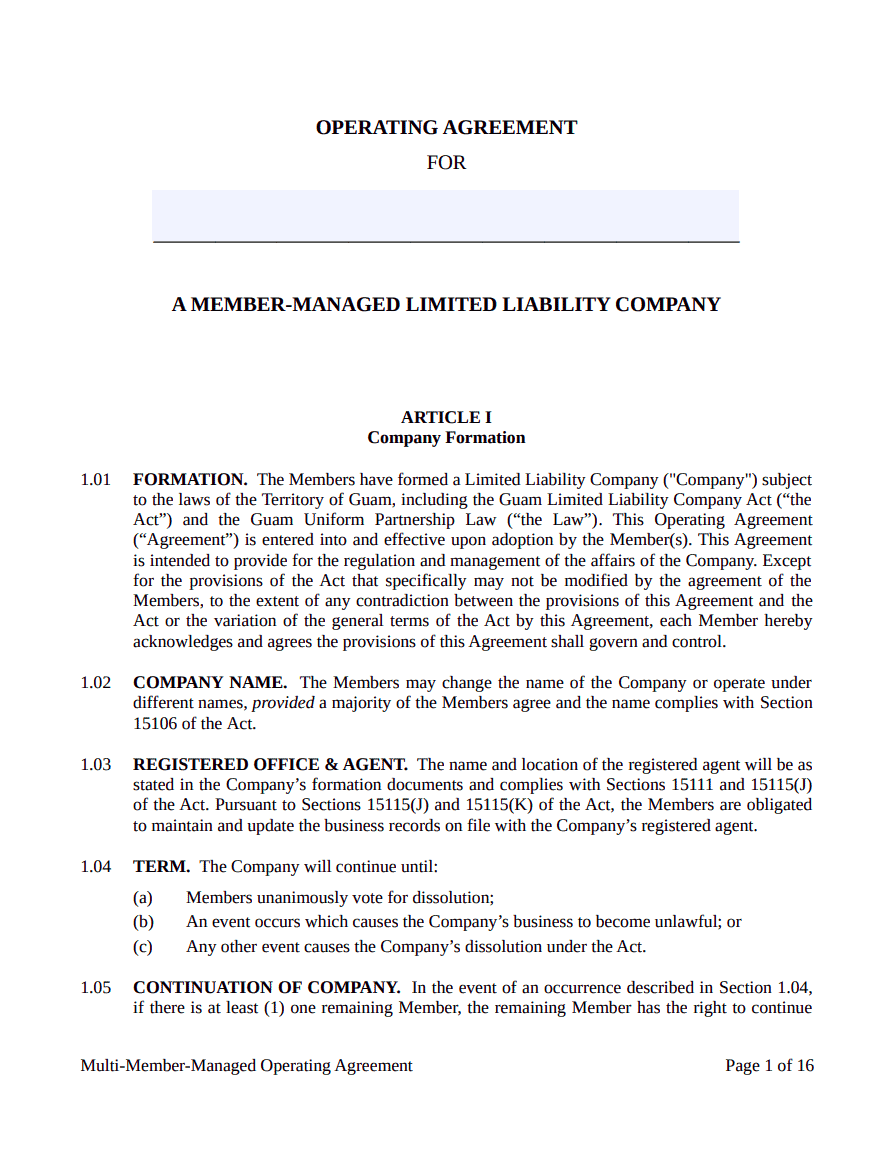 Multi-Member LLC Operating Agreement Guam