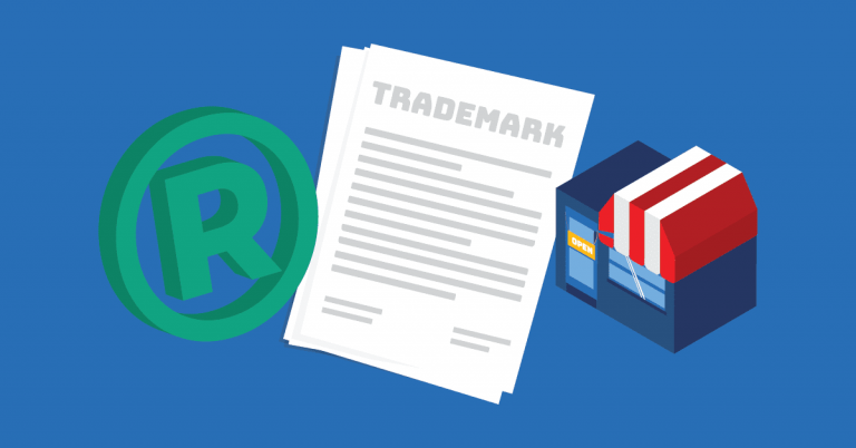 A white paper with the word Trademark between a green circle with R in it and a building