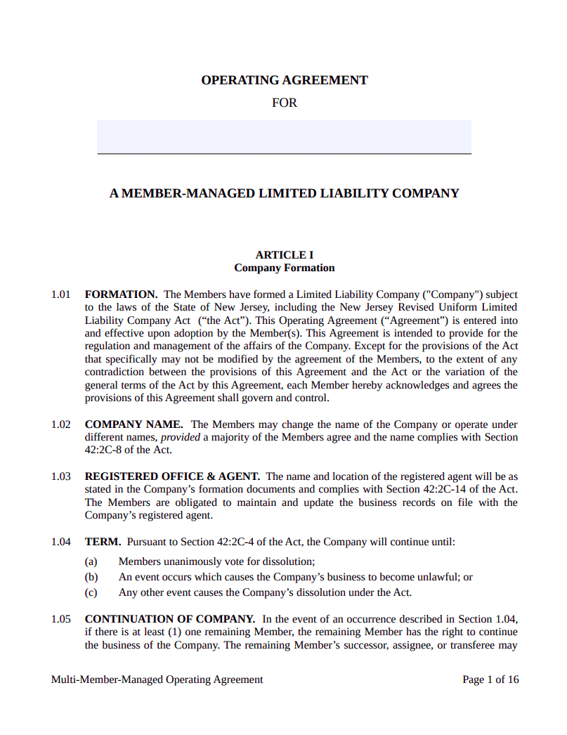 operating Agreement Llc New Jersey Pdf