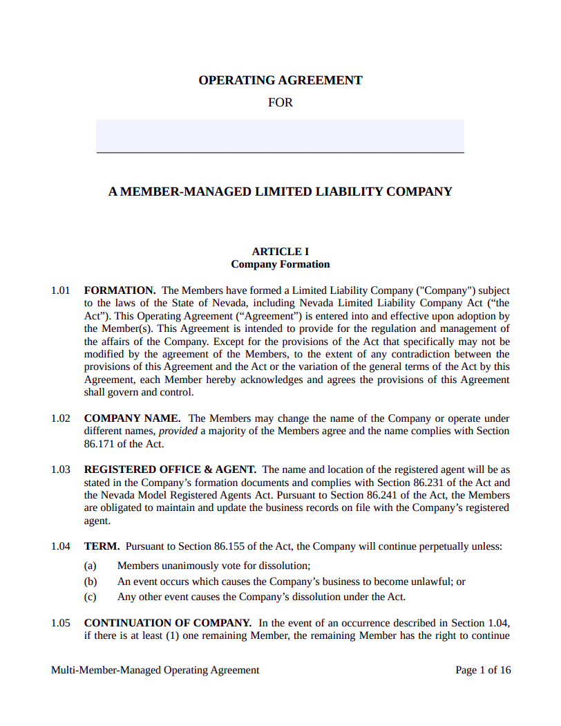 Nevada Llc Operating Agreement Template