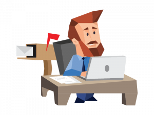 A red-haired man typing on a laptop at a desk, next to a mailbox.