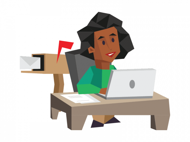 Registered agent sitting at a desk with an open laptop.