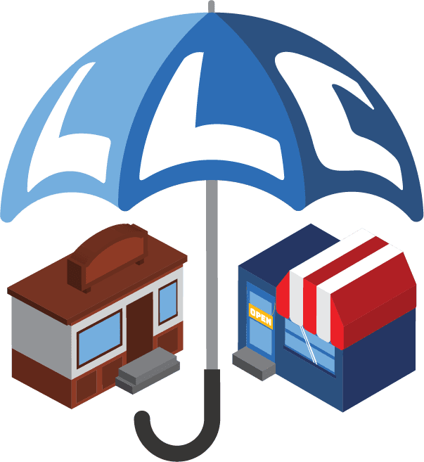 An open blue umbrella with the letters LLC on the top covers 2 stores and a filing cabinet.