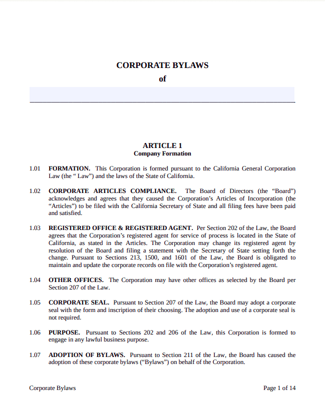California Bylaws Template