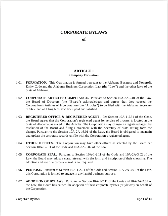 Corporate Bylaws Alabama