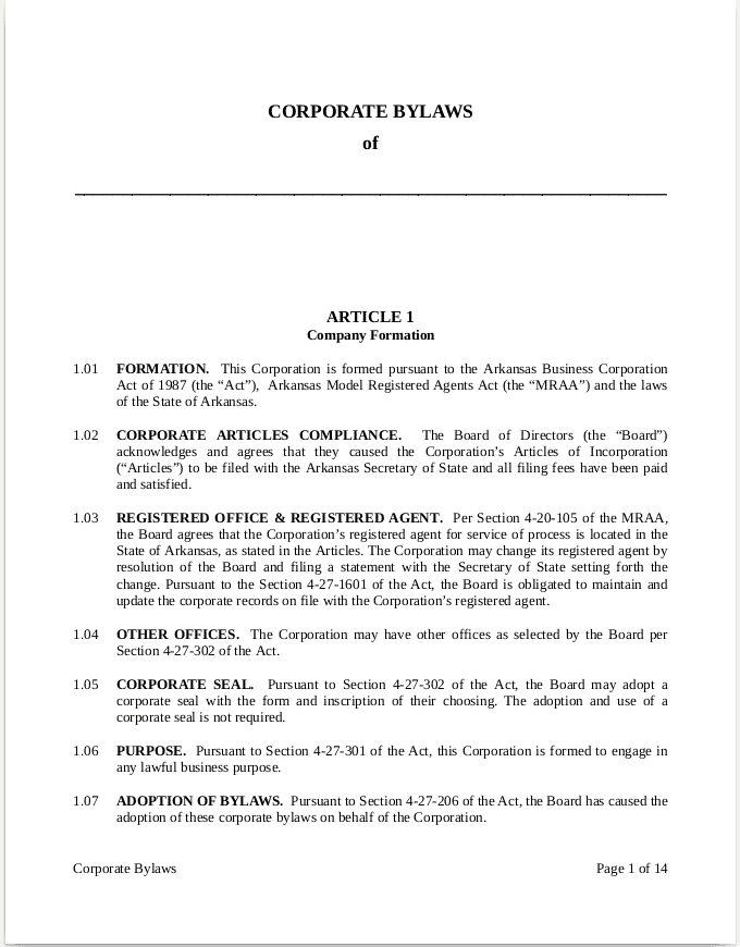 Corporate Bylaws Arkansas