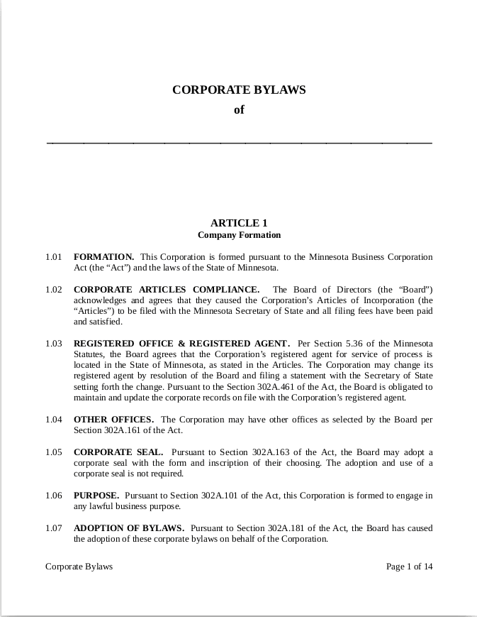 Corporate Bylaws Minnesota