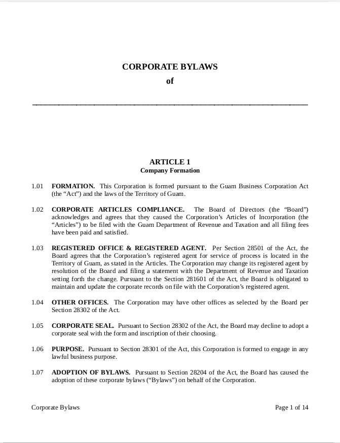 Corporate Bylaws Guam