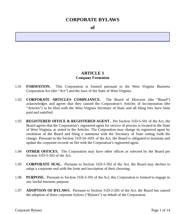 Corporate Bylaws West Virginia