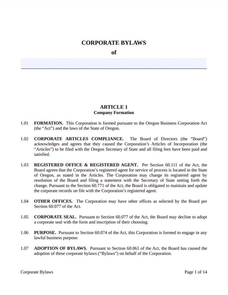 Corporate Bylaws Oregon