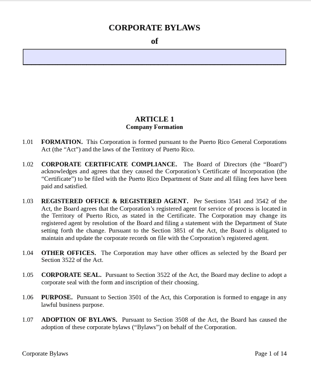 Corporate Bylaws Puerto Rico