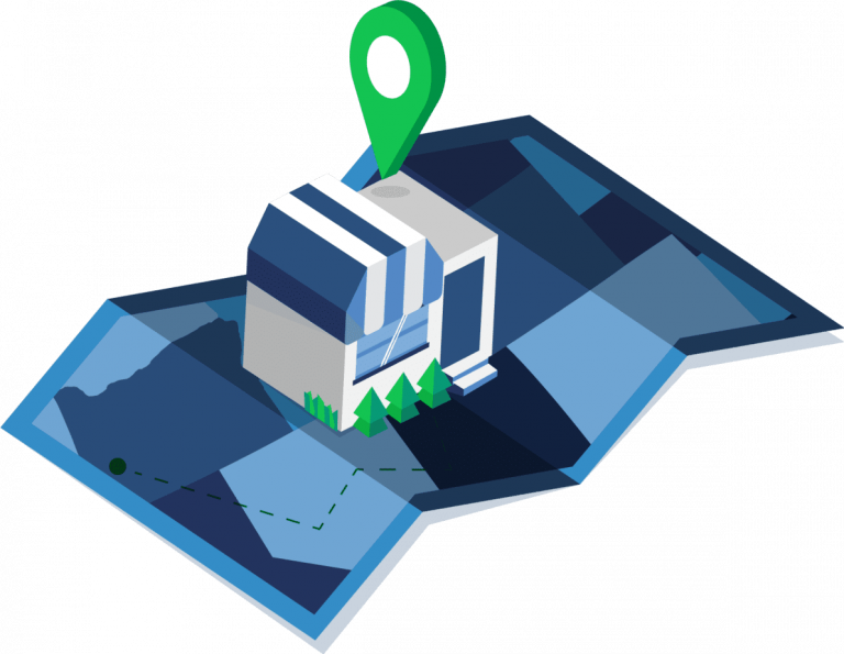 A blue brick and mortar store with a green location tag over it, on top of a blue, unfolded map.