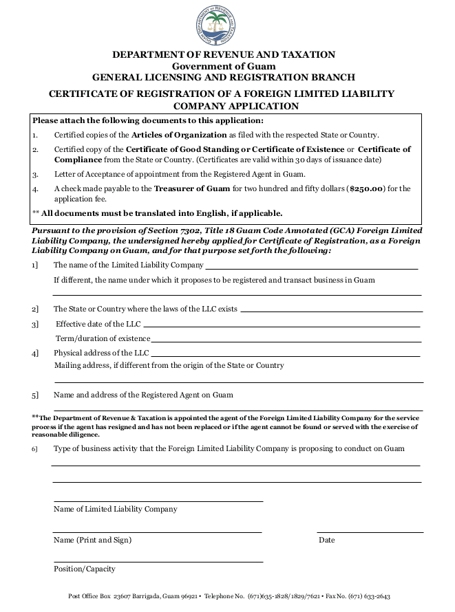 Certificate of Registration of a Foreign Limited Liability Company