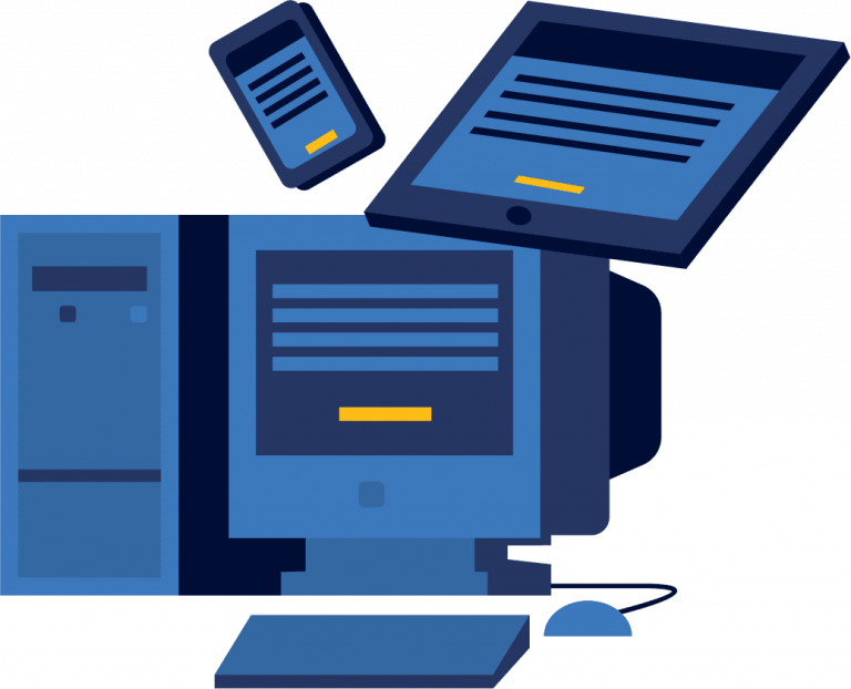 blue desktop computer, keyboard and mouse bleow and blue tablet and smartphone with lines representing text