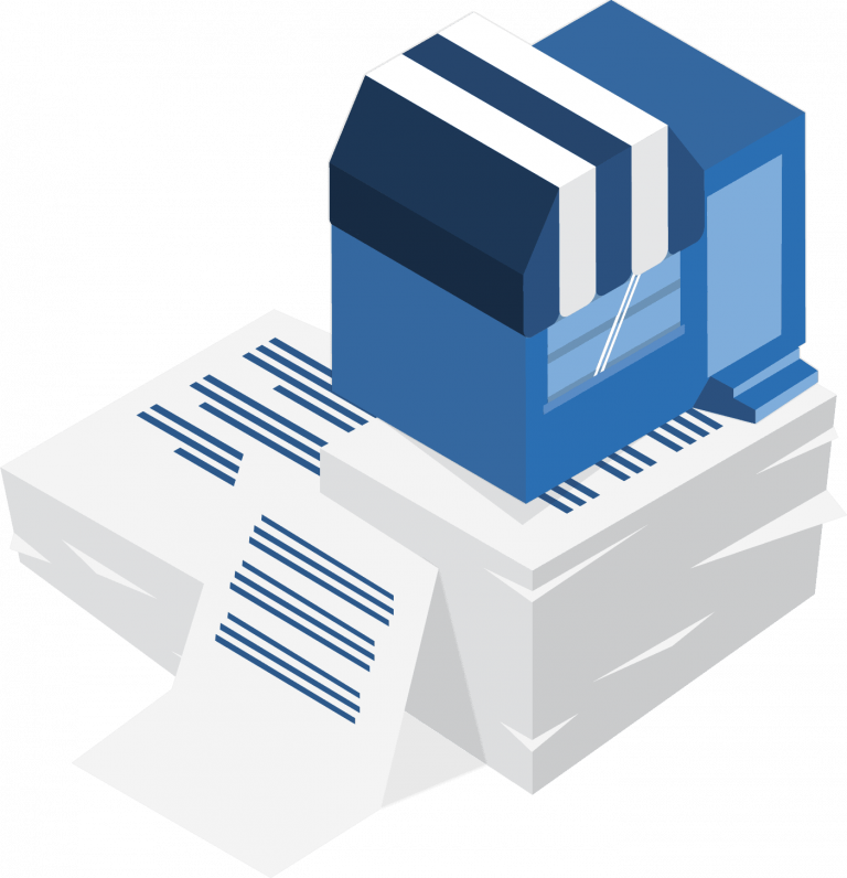 A blue building with a striped white and dark blue roof on top of a stack of paperwork.