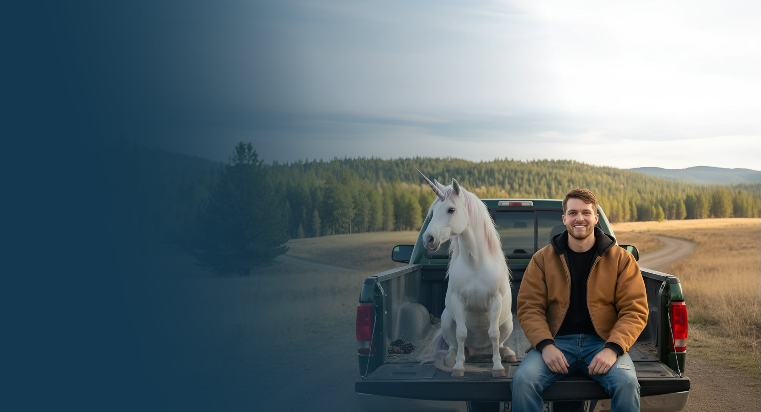 Guys sitting in back of truck next to unicorn