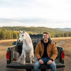 Guy sitting in back of truck next to unicorn